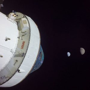 Space telescope with earth and moon